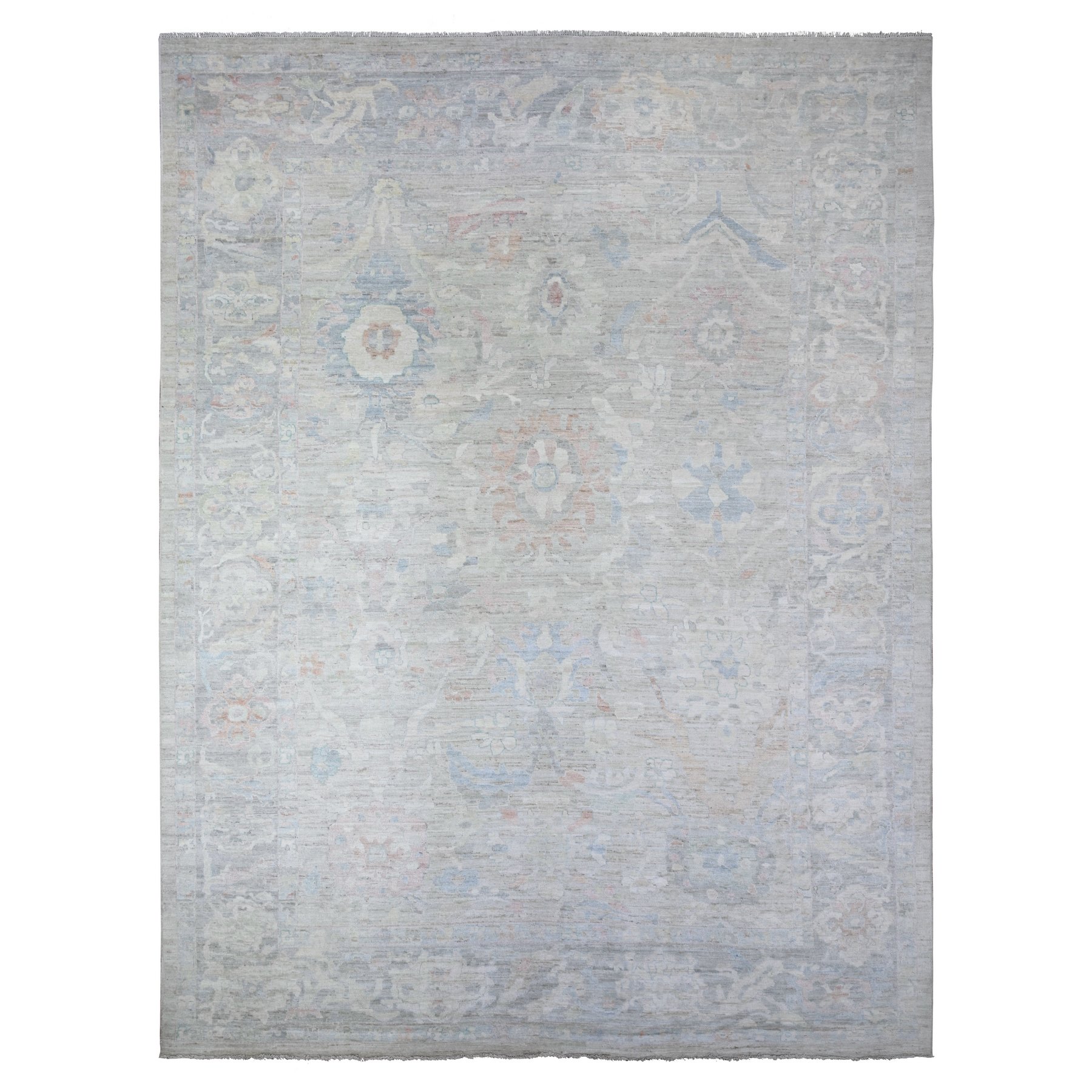 12'x15'5" Misty Gray, Afghan Angora Oushak with Faded Out Leaf Design, Hand Knotted, 100% Wool, XL, Oversized, Oriental Rug 